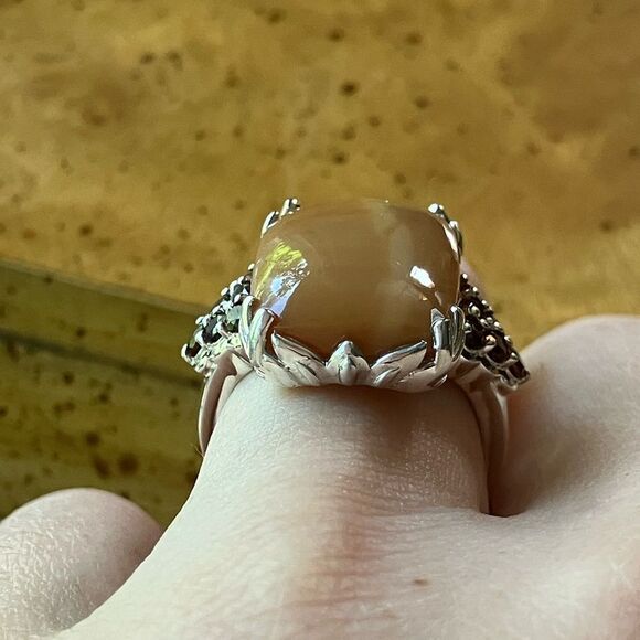 Natural Caramel Opal Red Garnet Sterling Silver Ring Size 6 - Picture 2 of 9